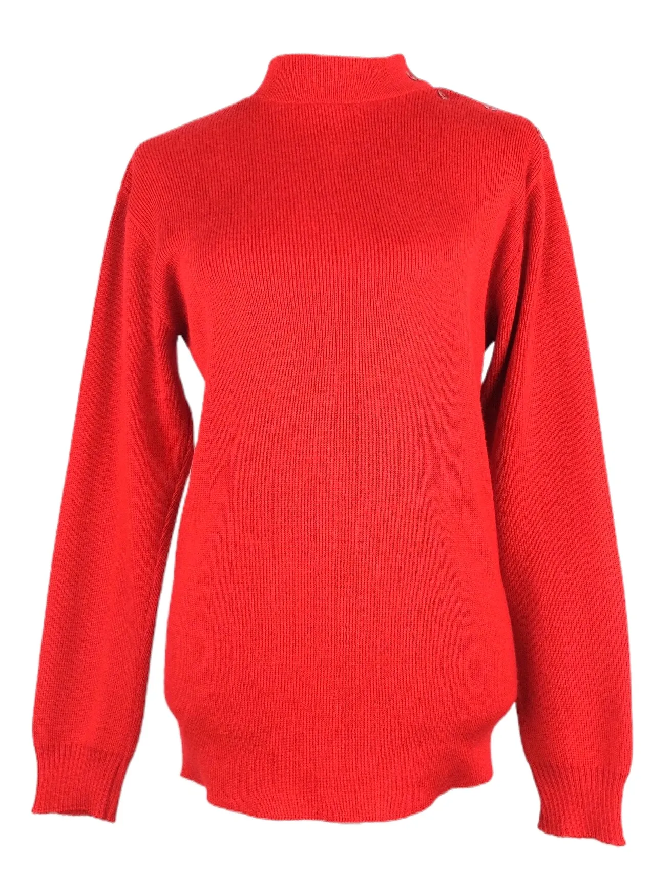 Vintage 60s Mod Chic Bright Cherry Red Solid Mockneck Pullover Sweater Jumper with Shoulder Button Details | Size M