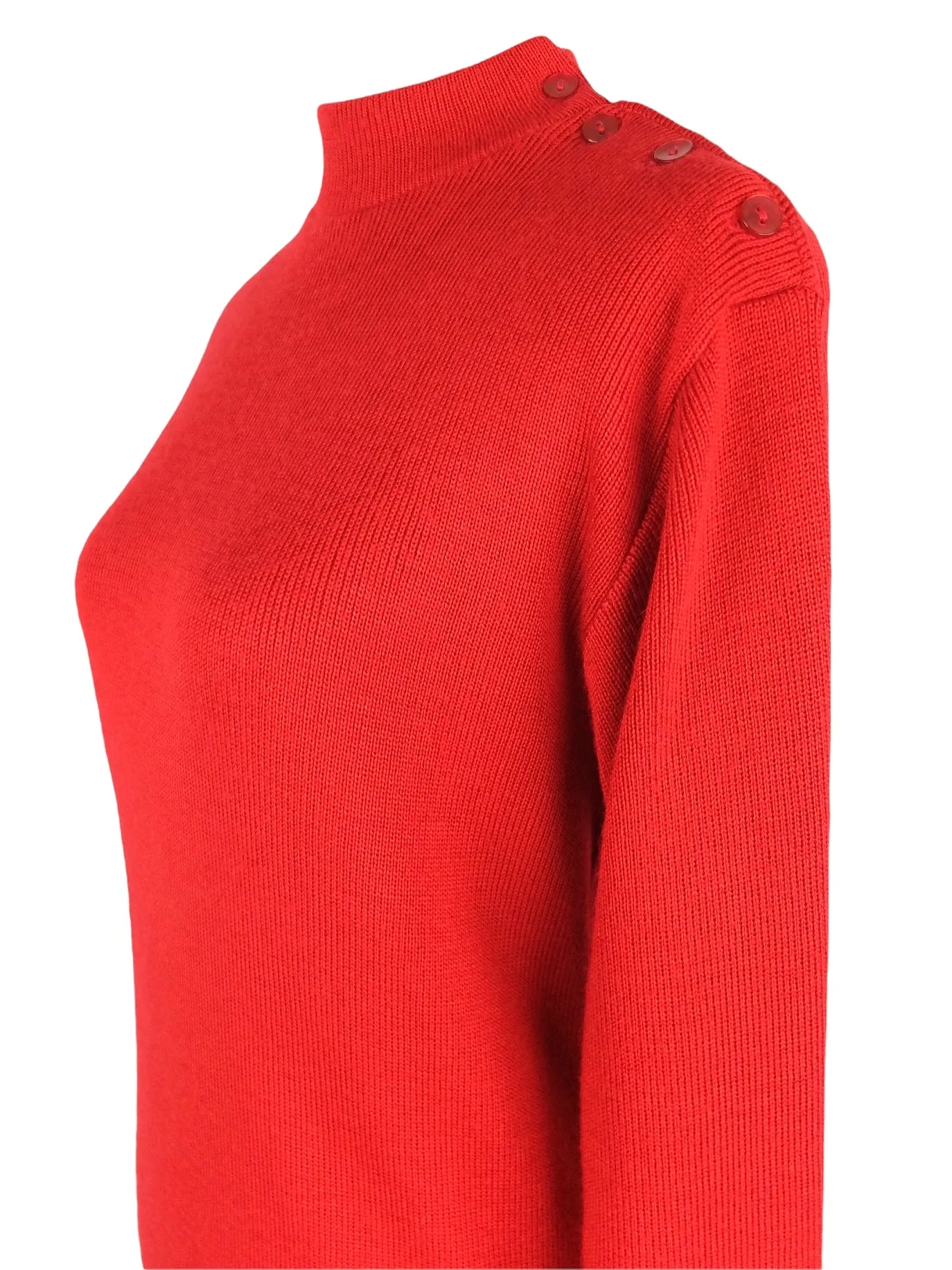 Vintage 60s Mod Chic Bright Cherry Red Solid Mockneck Pullover Sweater Jumper with Shoulder Button Details | Size M