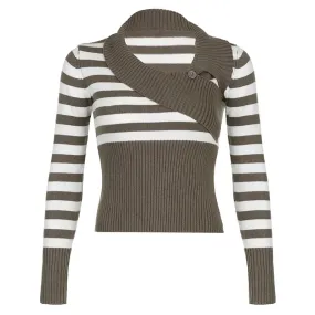 Vintage Asymmetrical Skinny Women Sweater Stripe Chic Korean Fashion Pullover Autumn Winter Knitwear Y2K Jumper Tops