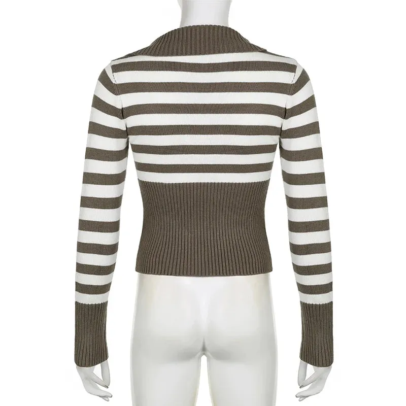 Vintage Asymmetrical Skinny Women Sweater Stripe Chic Korean Fashion Pullover Autumn Winter Knitwear Y2K Jumper Tops