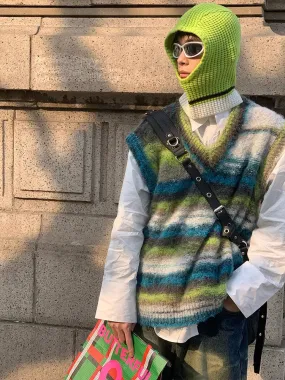 Vintage Sweater Vest Men's Knitted Sleeveless Men Sweaters Retro V-neck Pullover Blue Japanese Streetwear Harajuku