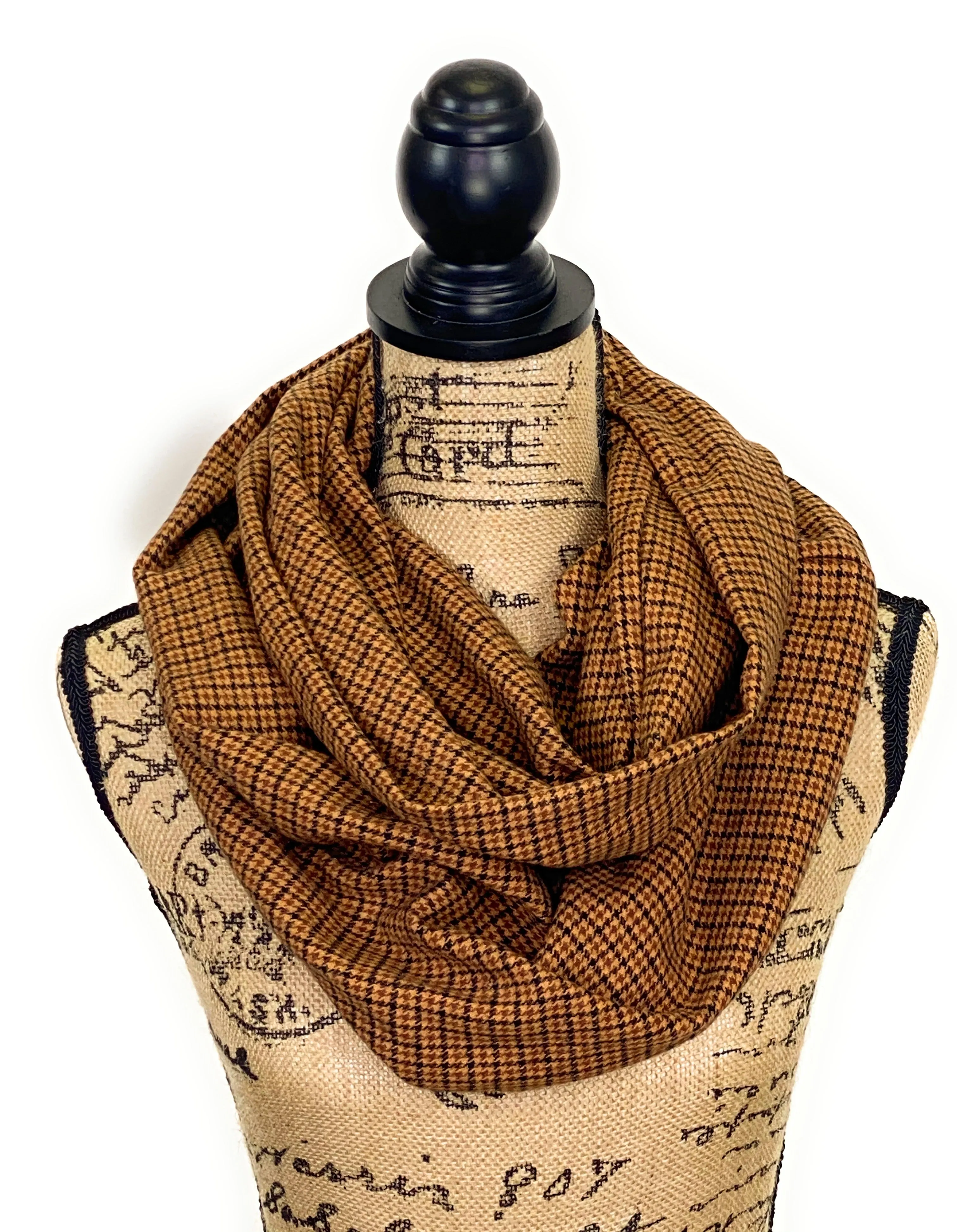 Warm Brown, Dark Brown, and Black Houndstooth Plaid Medium Weight Flannel Scarf