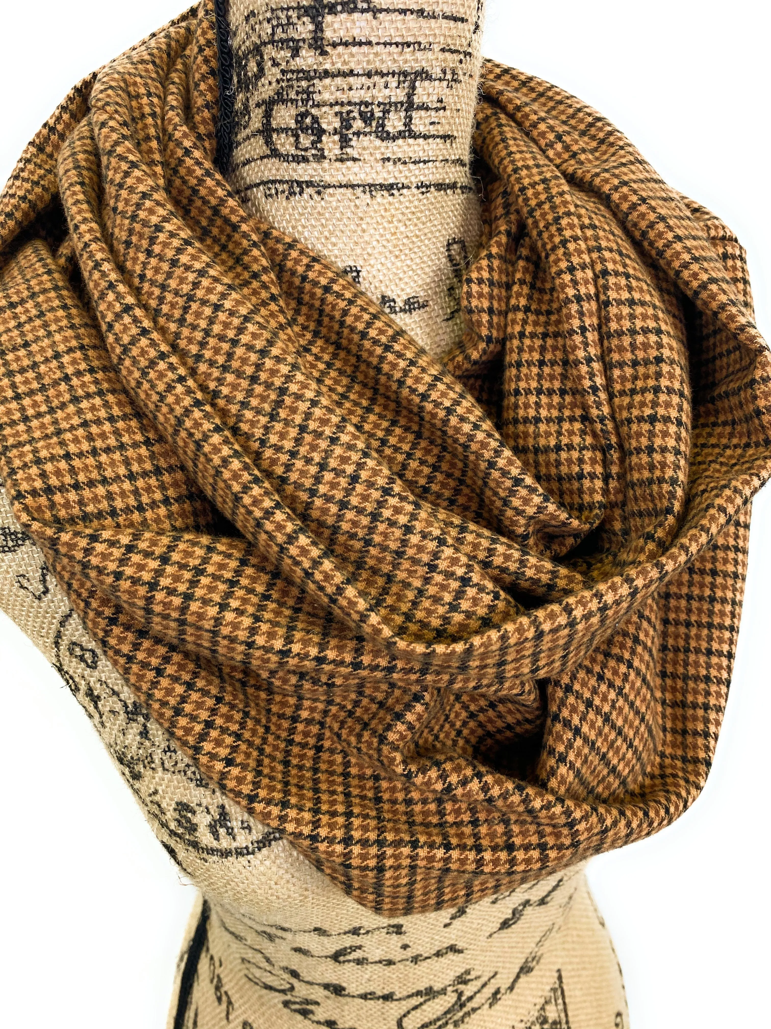 Warm Brown, Dark Brown, and Black Houndstooth Plaid Medium Weight Flannel Scarf