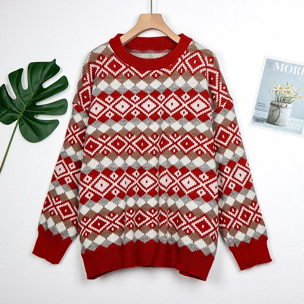 Wenkouban Knitted Sweater Women Oversized Argyle Pullover Vintage Jumper Long Sleeve Knitwear Autumn Winter Warm Tops Style Chic Sweater