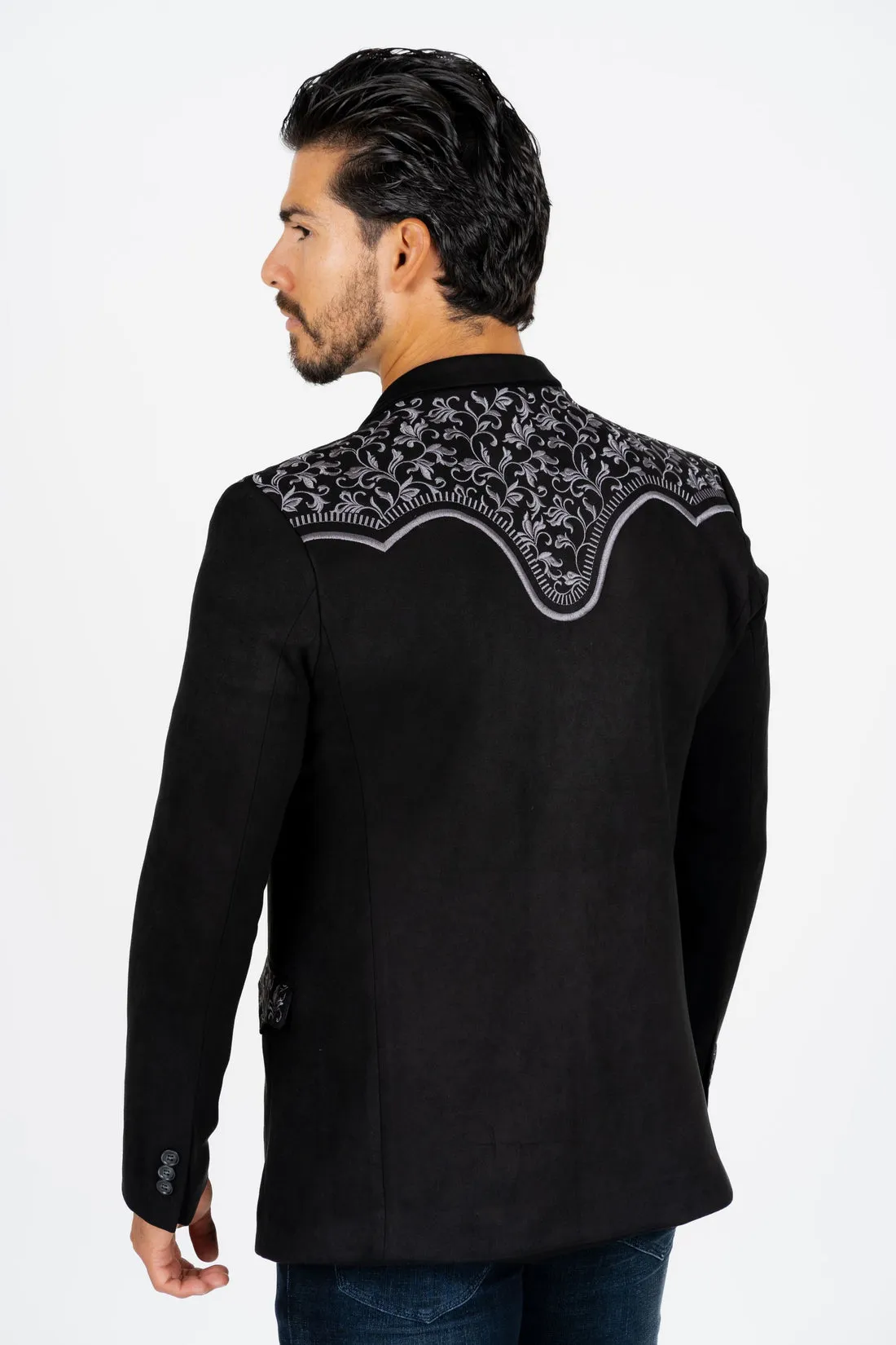 Western Black Embroidered Faux Suede Blazer