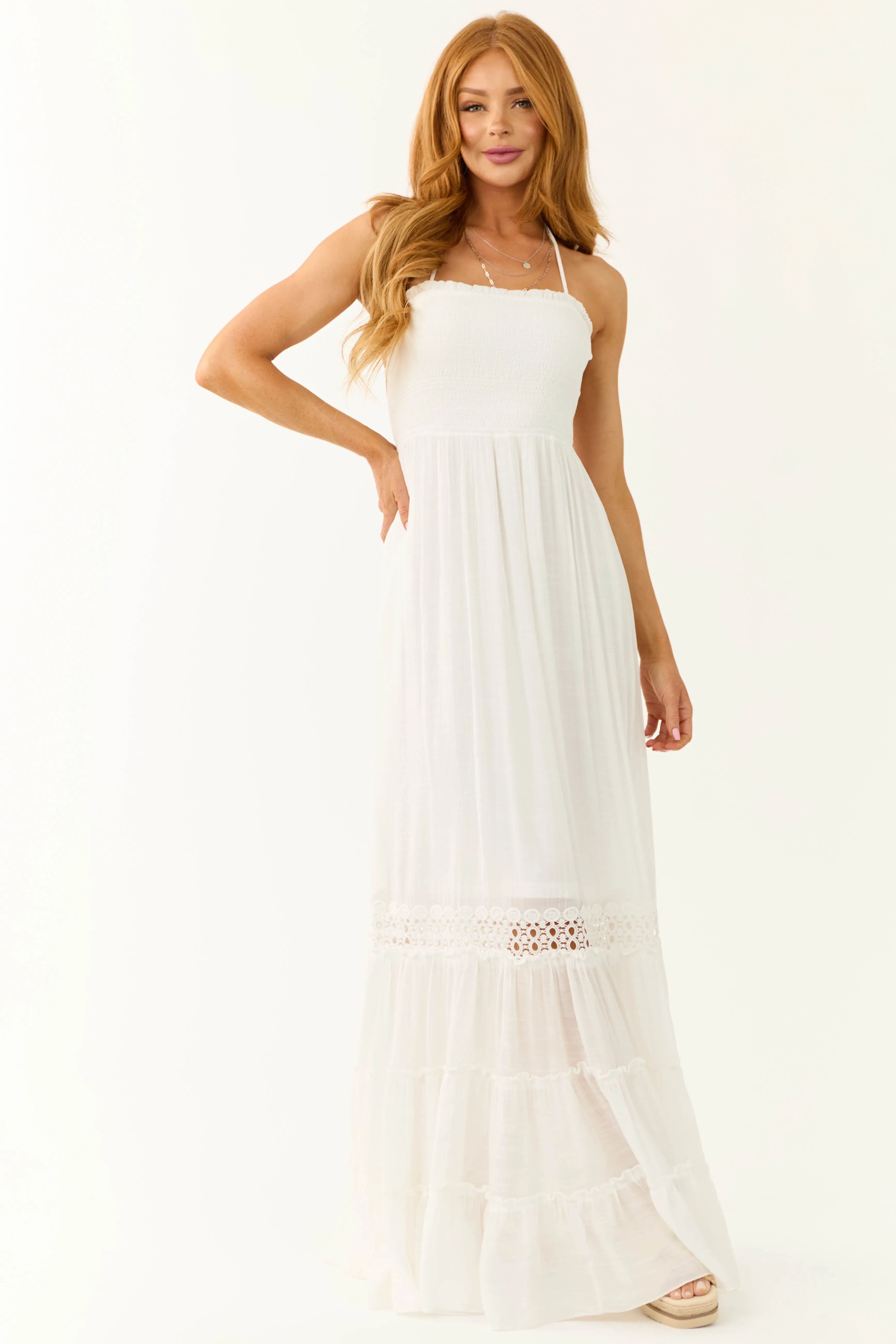 White Sleeveless Tiered Smocked Maxi Dress