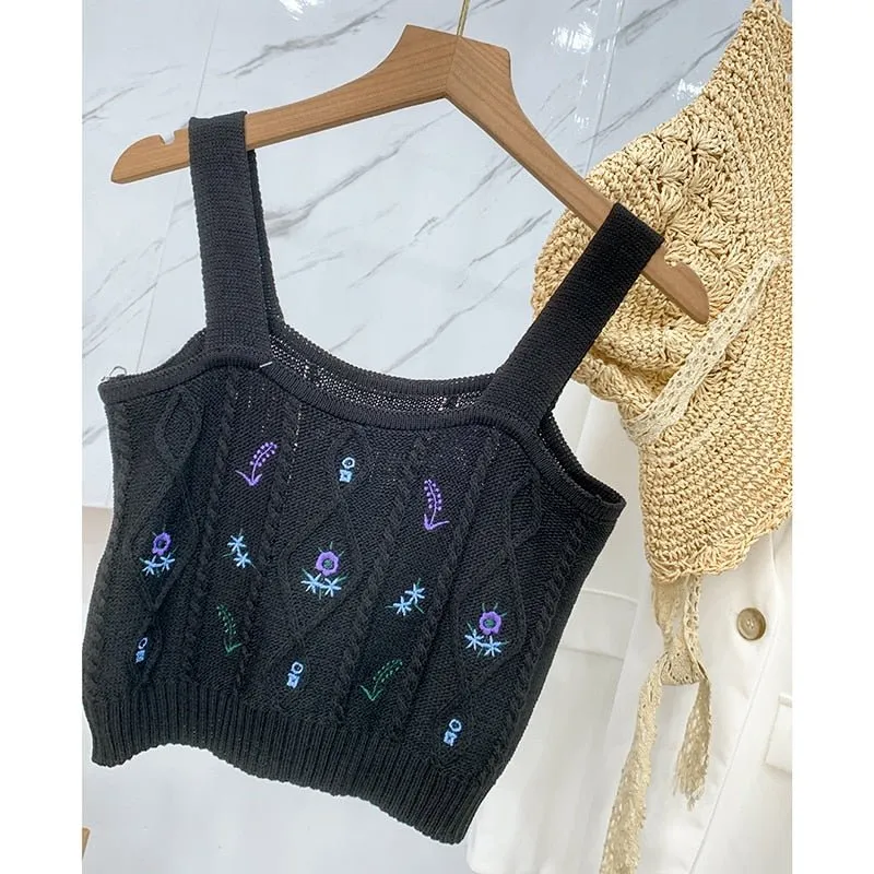 Women Floral Embroidery Tank Tops Cropped Female Chic Plain Cute Camisoles Ribbed Crop Top For Summer Vest Slim Knitted Top