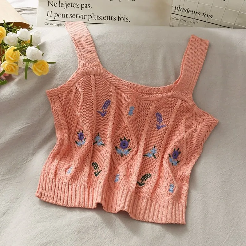 Women Floral Embroidery Tank Tops Cropped Female Chic Plain Cute Camisoles Ribbed Crop Top For Summer Vest Slim Knitted Top