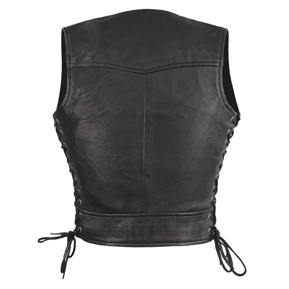 Womens Black Leather Motorcycle Vest Side Laces