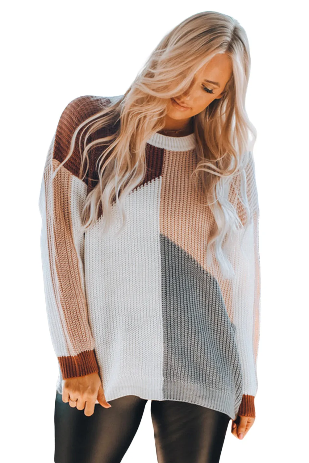 Women's Crew Neck Long Sleeve Jumper Tops Loose Fit Color Block Knit Sweater