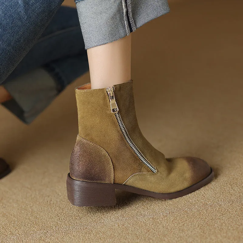 Women's Handmade 45mm Walking Boot in Suede Cow Leather in Khaki/Black