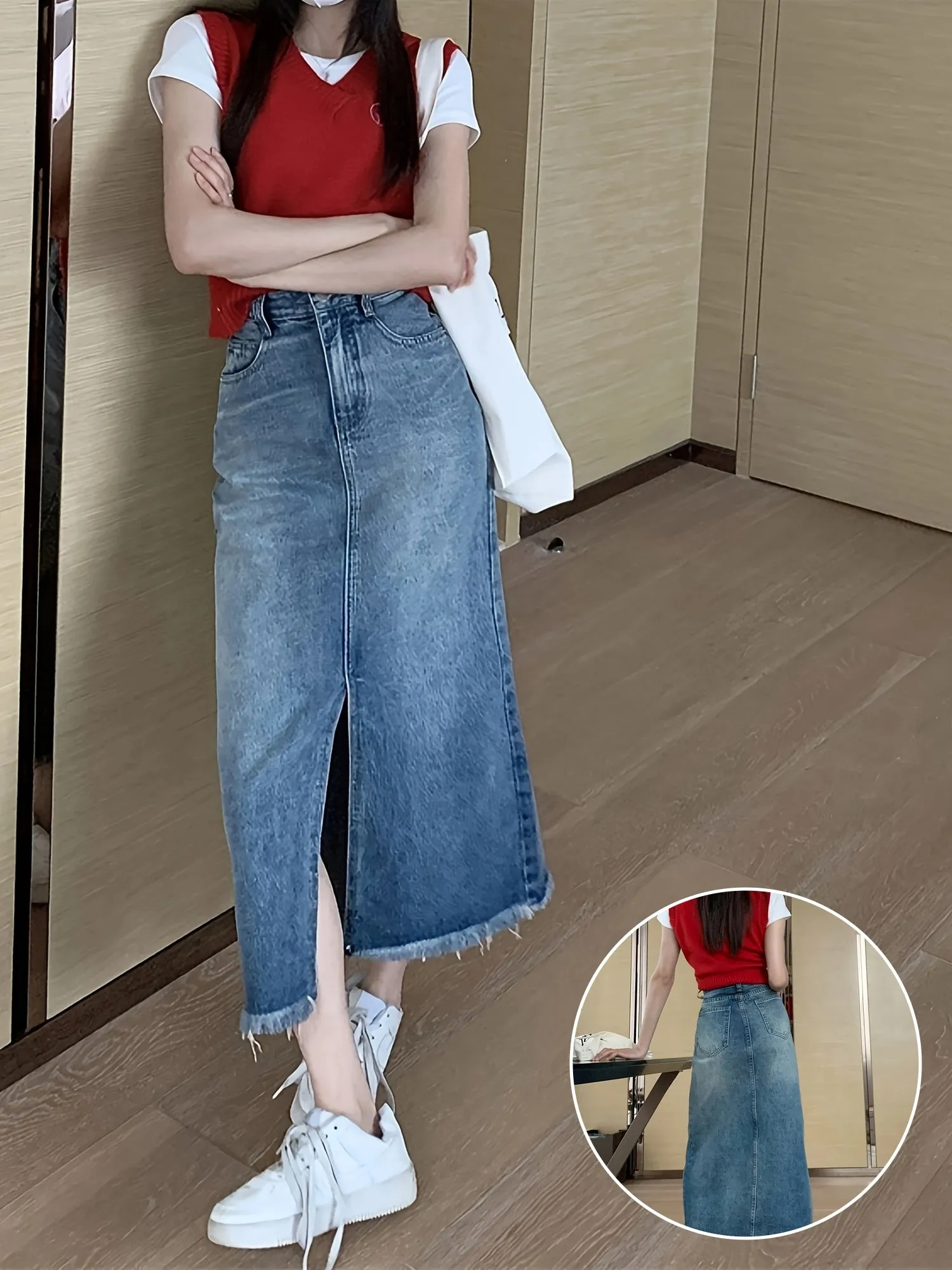 Women's High-Waist Denim Skirt, Vintage Style Split Hem Maxi Jean Skirt With Frayed Hem, Casual Long Skirt For Everyday Wear