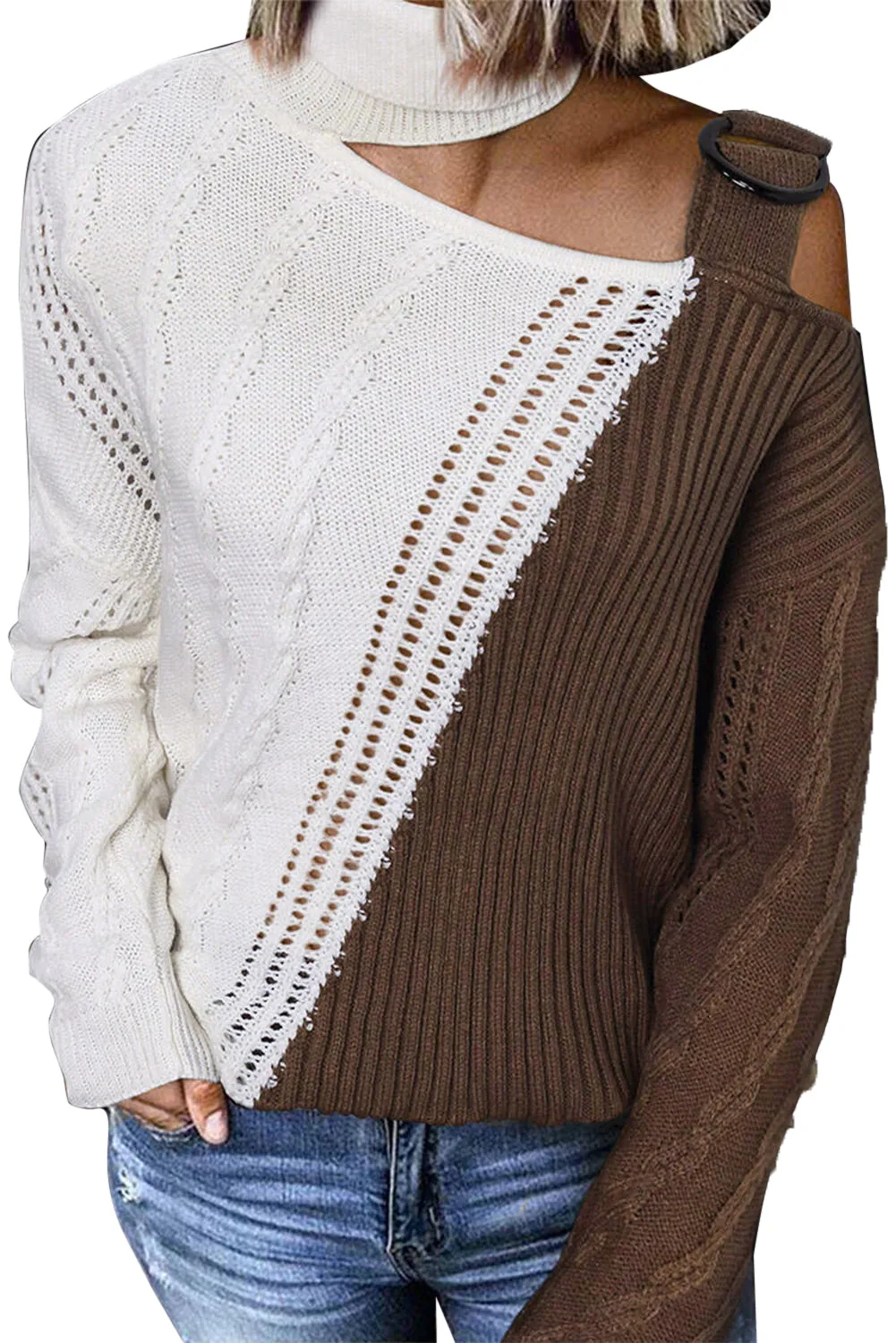 Women's Loose Jumper Knit Tops Turtleneck Cold Shoulder Sweater