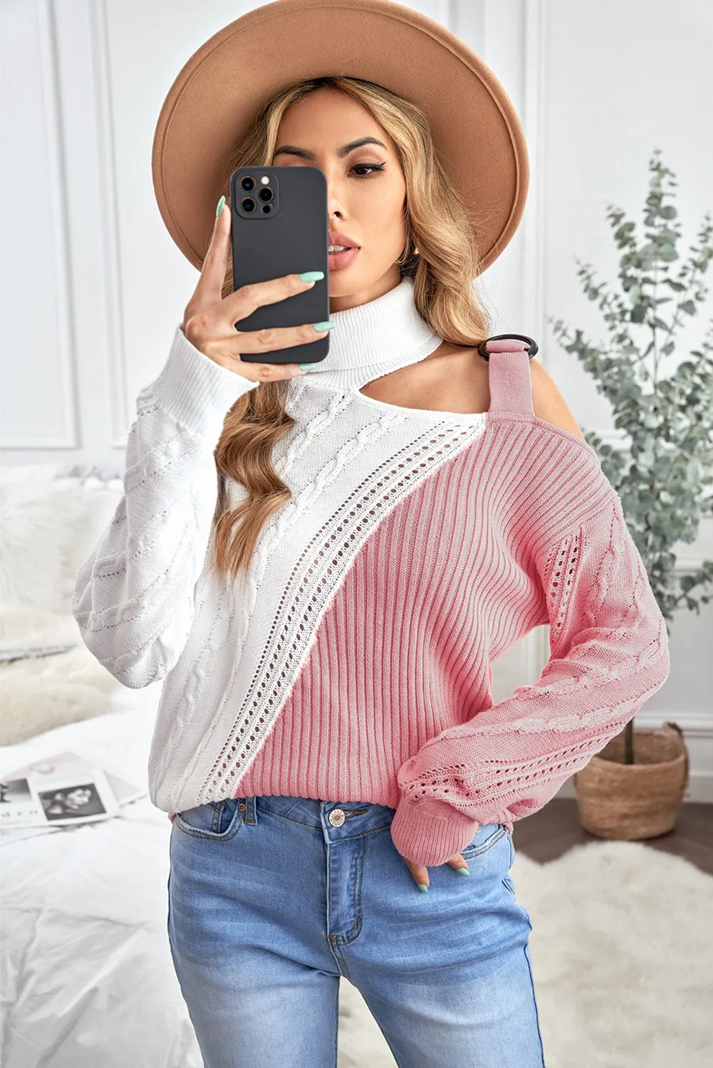 Women's Loose Jumper Knit Tops Turtleneck Cold Shoulder Sweater