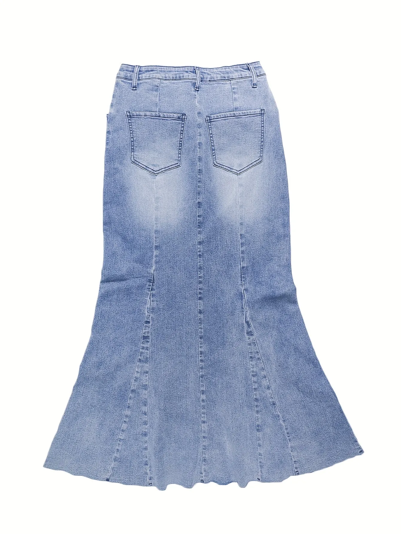 Women's Street Style Denim Maxi Skirt With Frayed Hem, Chain And Button Details, Casual Jean Fashion For Fall