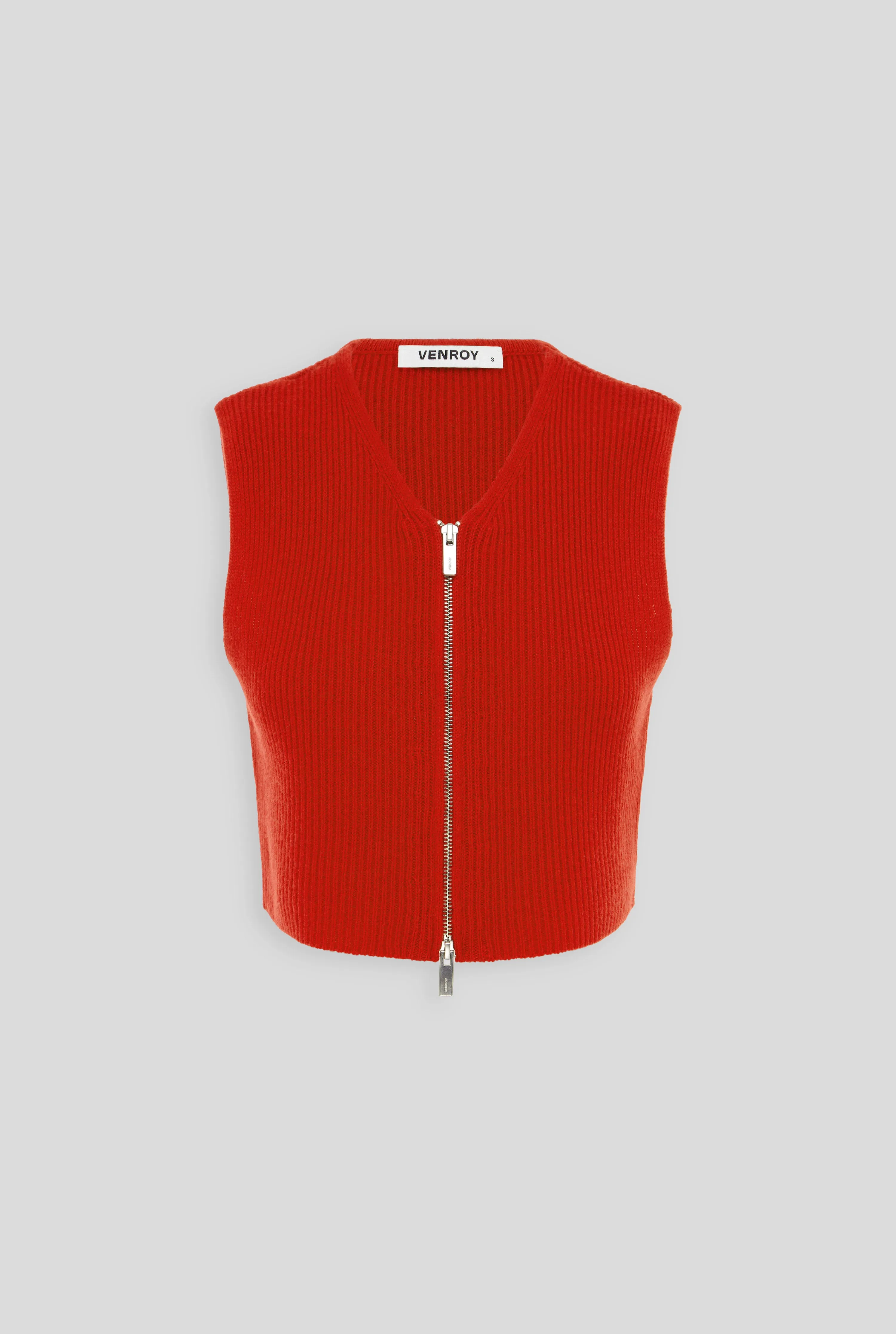 Wool Cropped Ribbed Zip Vest - Red